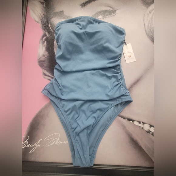 Blue One Piece strapless blue  textured-one piece-Strapless CheekySwimsuit-Small - Picture 3 of 4